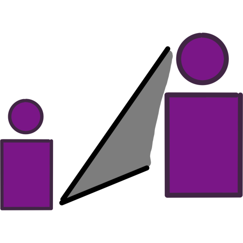 two purple figures made out of a rectangle and a circle for the head, the purple figure on the left is smaller than the one on the right. there is a 'less than sign' angled triangle shaded with grey that is projecting from the smaller figure into the larger figure